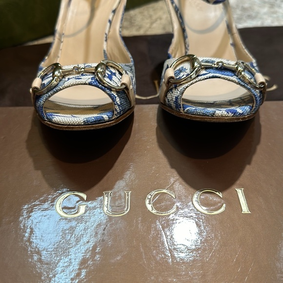 Vintage Gucci Flora Horsebit Ankle Strap Wedge Sandals (Indigo) Size 7 - Picture 5 of 11